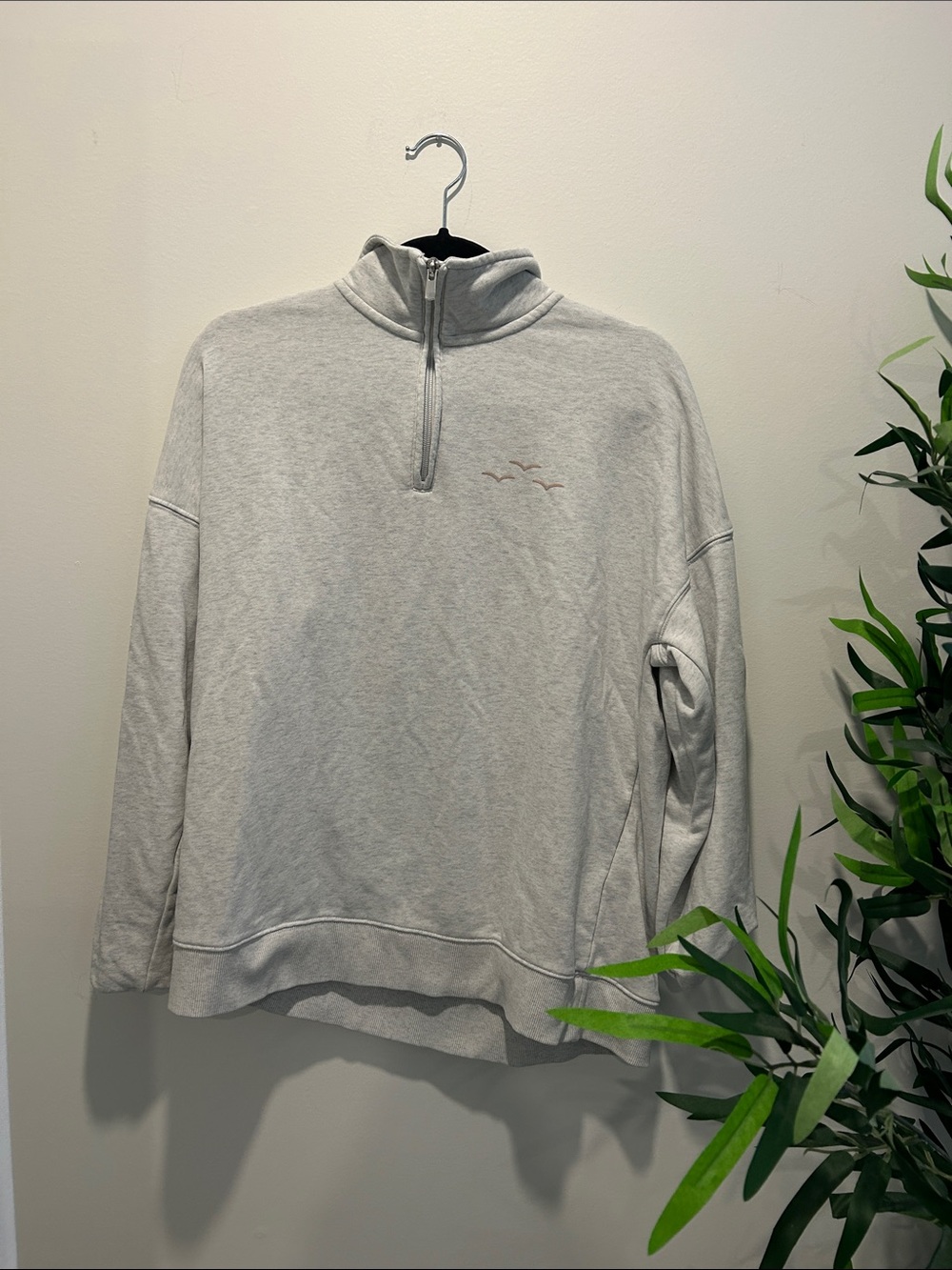 Light Gray Half-Zip Pullover with Subtle Embroidered Birds